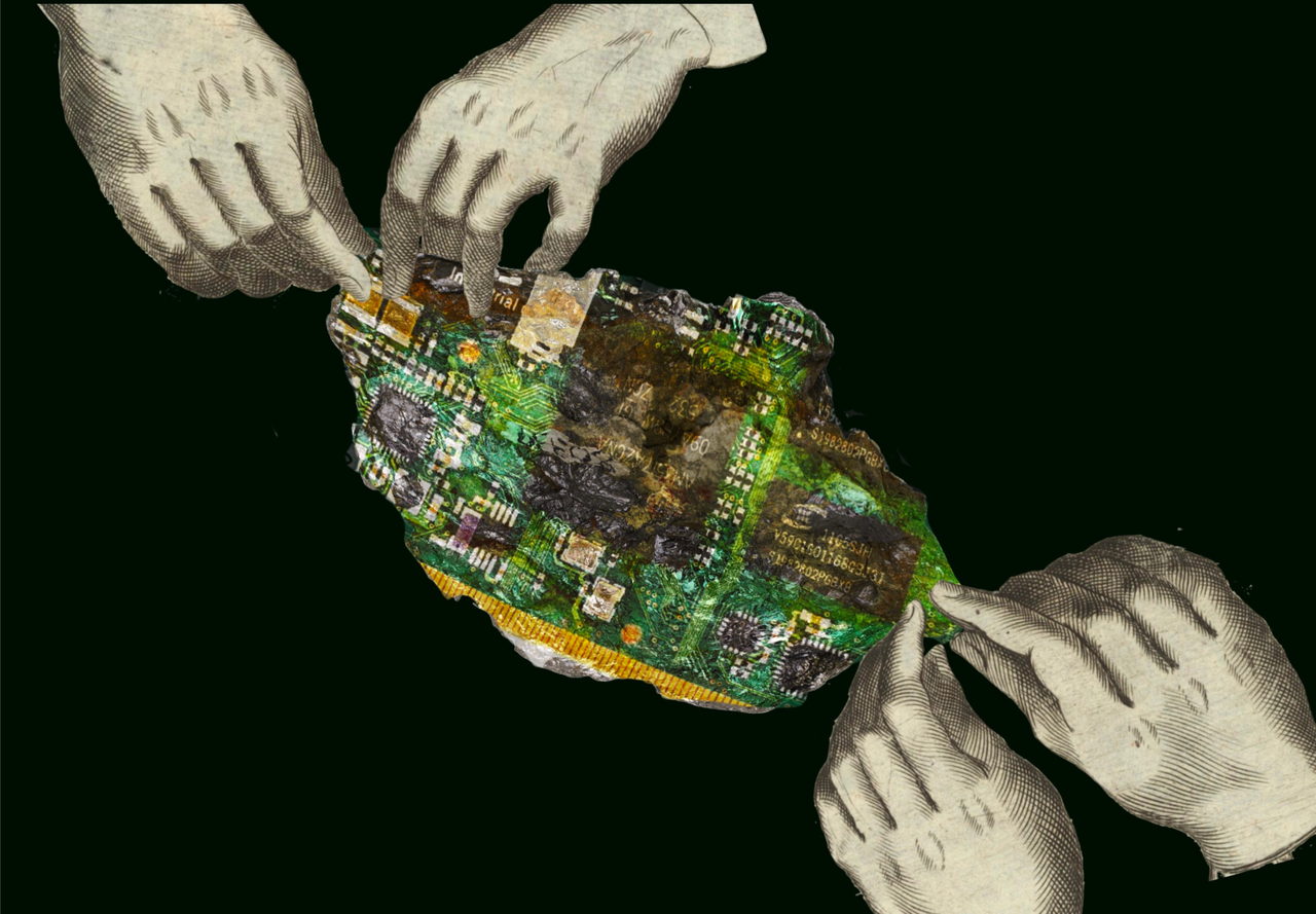 A rock embedded with intricate circuit board patterns, held delicately by pale hands drawn in a ghostly style.