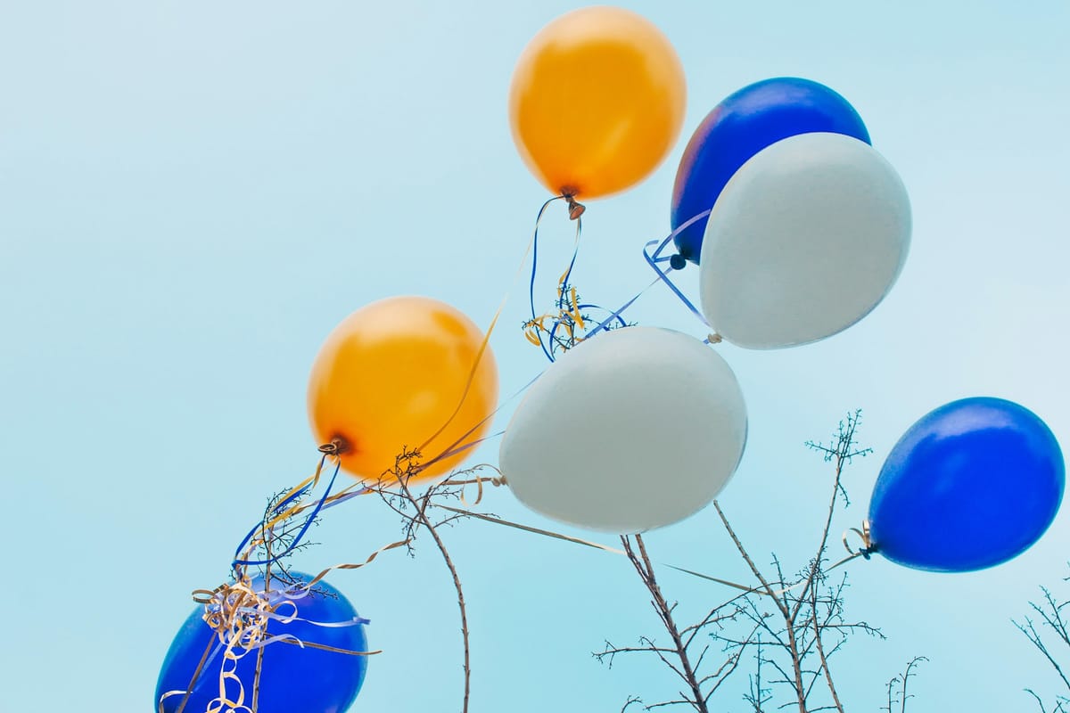 blue and yellow balloons tangled in a tree