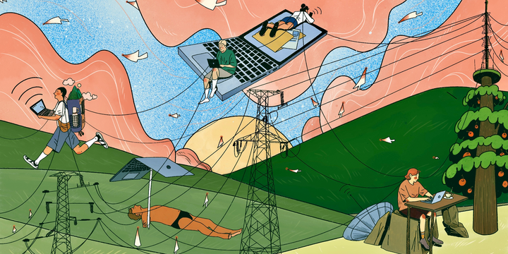 Through signals from communication towers, people exchange ideas via digital transmission across different locations, accomplishing their work and building a digital community.